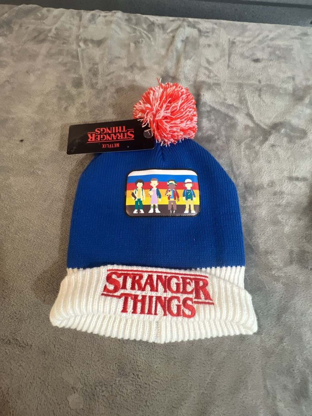 Stranger Things Cuff Beanie OSFM Blue Red White Pom Pom Patch Hat New
